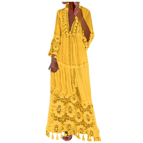 Wuxian Women'S Dresses Casual Maxi Casual V Neck Long Sleeve Boho Floral Lace Maxi Dress Flowy Wedding Guest Holiday Beach Long Dress,Yellow,M