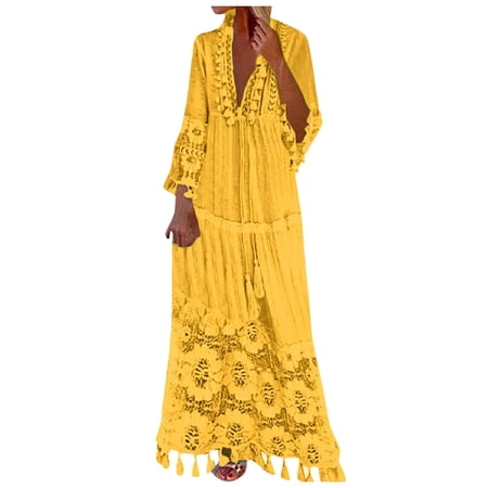 Wuxian Women S Dresses Casual Maxi Casual V Neck Long Sleeve Boho Floral Lace Maxi Dress Flowy Wedding Guest Holiday Beach Long Dress Yellow M