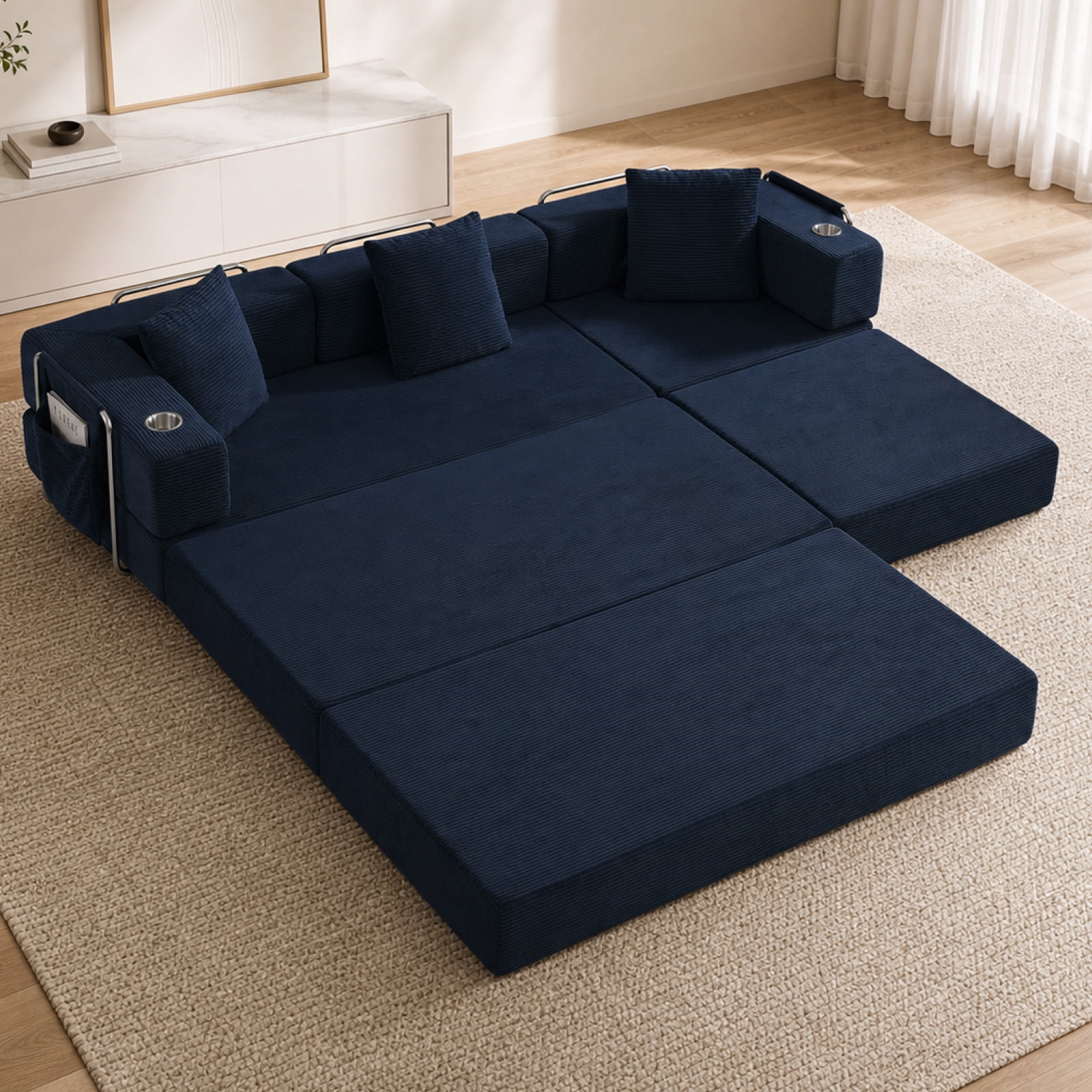 Garitin Sectional Sofa and Modular L Shape Cloud Couch 108 Inch, Boneless Deep Seat Corduroy Living Room Furniture, Blue