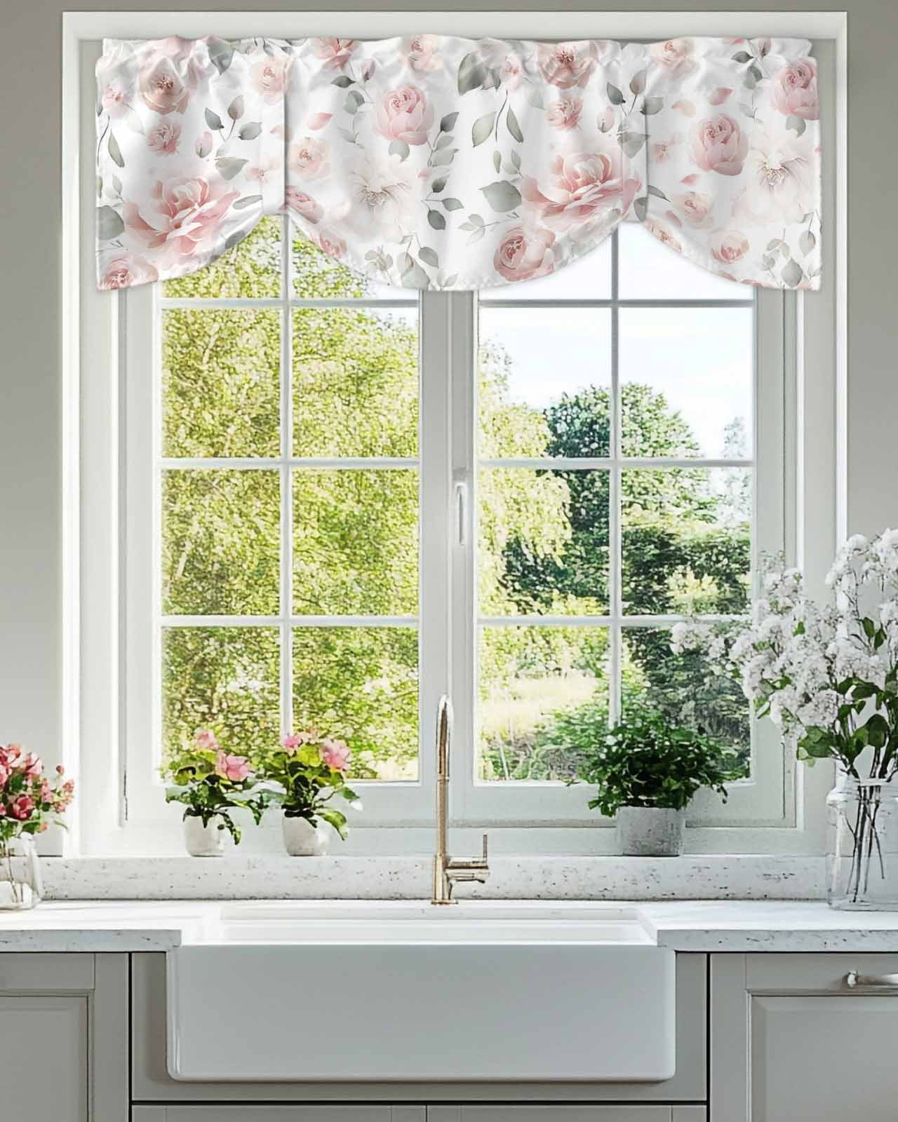 Light Pink Flowers Tie Up Valances Curtain, Adjustable Kitchen Gray Leaf Spring Floral Farm Plant Valances for Windows Decor, Rod Pocket Short Curtains Set for Bedroom/Bathroom, 54"x18"