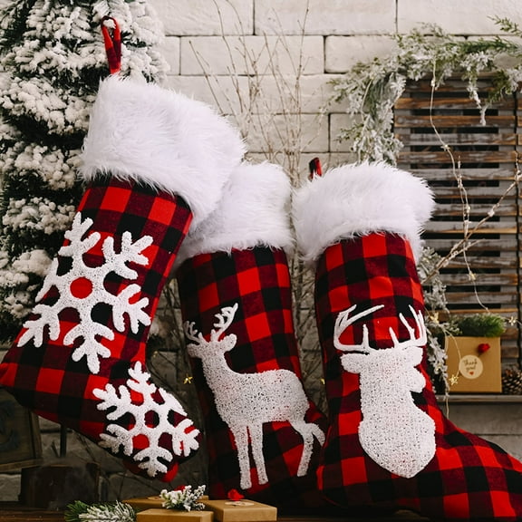 BOPORO Christmas Stockings,Red and Black Buffalo Christmas Stockings, Farmhouse Christmas Stocking with Plush Faux Fur for Kids Family Christmas Decoration