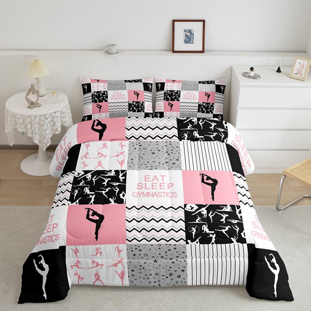 Erosebridal Gymnastics Dancing Bedding Sets Twin with Comforter, Patchwork Duvet Insert, Geometric Checkered Decor, 2pcs