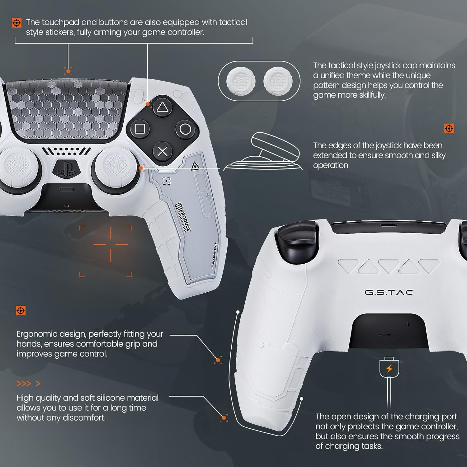 G.S.TAC PS5 Skin Silicone Protective Case + Thumb Grips + Stickers for PlayStation5 Controller White