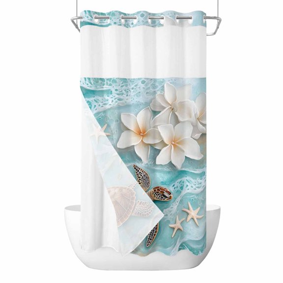 Coastal Sea Turtle No Hook Shower Curtain with Snap in Liner, Beach Ocean White Floral Starfish Waterproof Shower Curtain for Bathroom with Top Sheer Window, 36x72 Inch