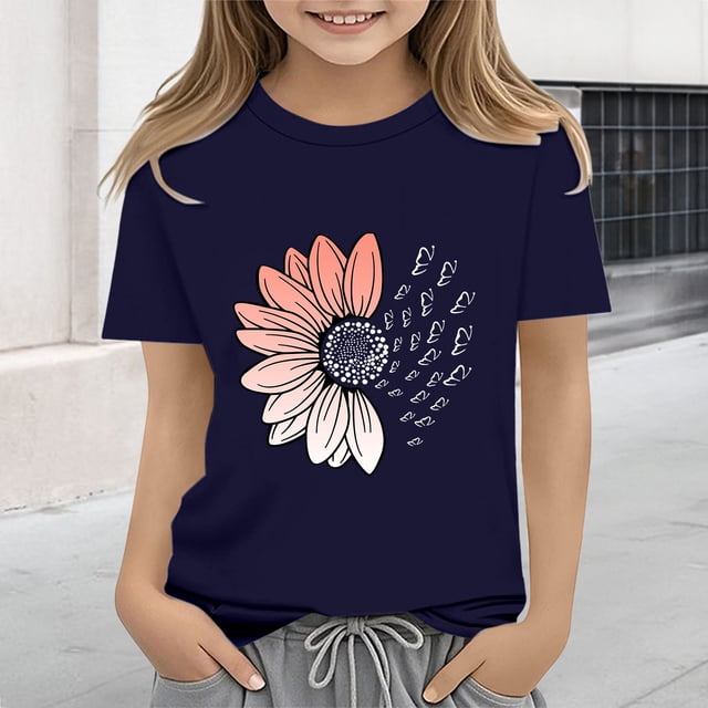 XIMIN T-Shirts Filles Graphiques Tournesol Manches Courtes Col Rond Coton Coupe Ample Décontractée Été