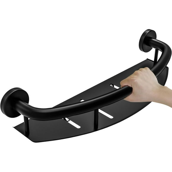 Black 18-inch Safety Grab Bar with Storage Shelf for Bathtub or Shower, Drainage Holes, Stainless Steel, Wall Mounted Grab Bars for Elderly Injured Balance Support