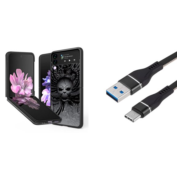 Bemz Premium Bundle for Samsung Galaxy Z Flip 3 5G: Slim Snap-On Protector Case (Skull Wings), Nylon Braided USB-C to USB-A Cable (3 Feet)