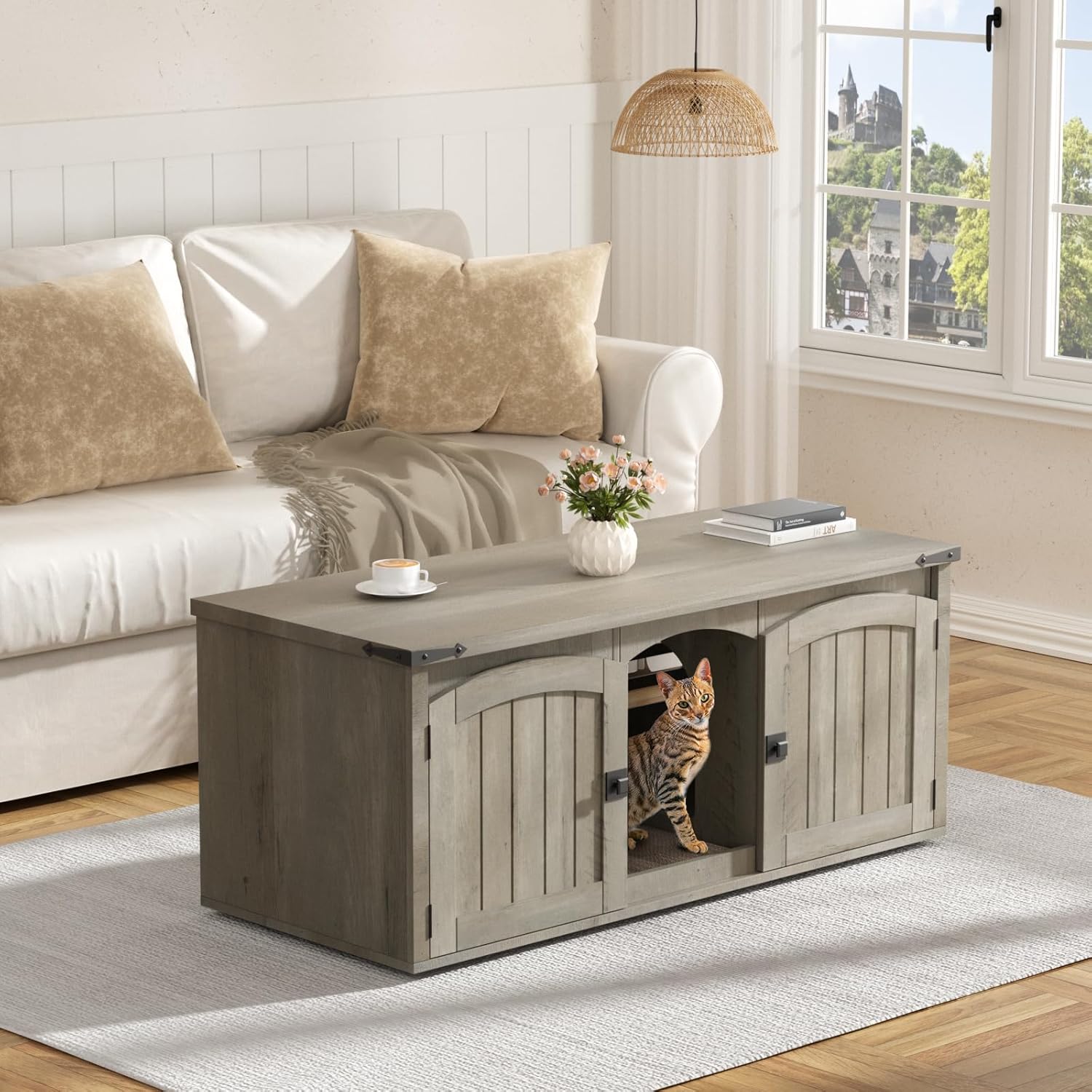 VEANERWOOD Cat Litter Box Enclosure for 2 Cats, Large Cat House with Double Rooms & Scratch Pad for Living Room, Bedroom, Wooden Enclosed Cat Litter Box Furniture