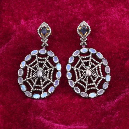 Natural Moonstone Iolite,Diamond Gemstone 925 Sterling Silver Earrings
