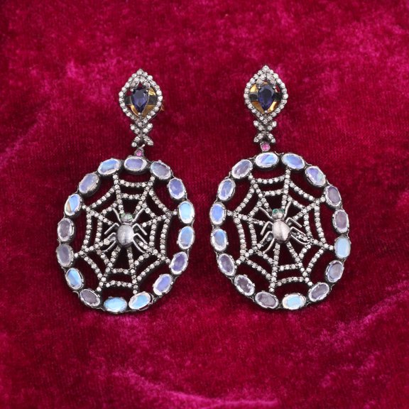 Natural Moonstone Iolite,Diamond Gemstone 925 Sterling Silver Earrings