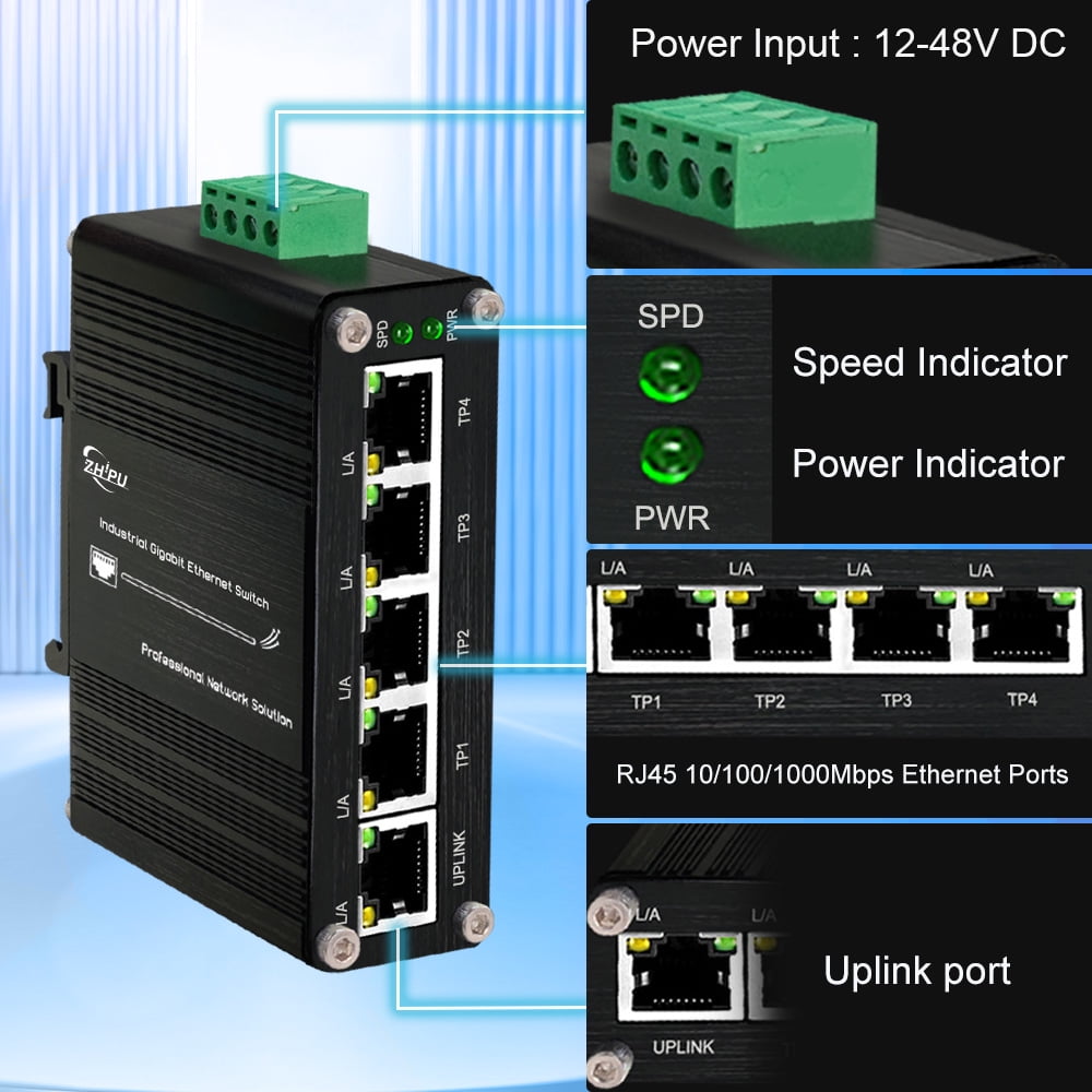 Zhpuostd ZP IMC005G 5 Ports Gigabit Unmanaged Ethernet Switch with Din Rail and Wall Mount