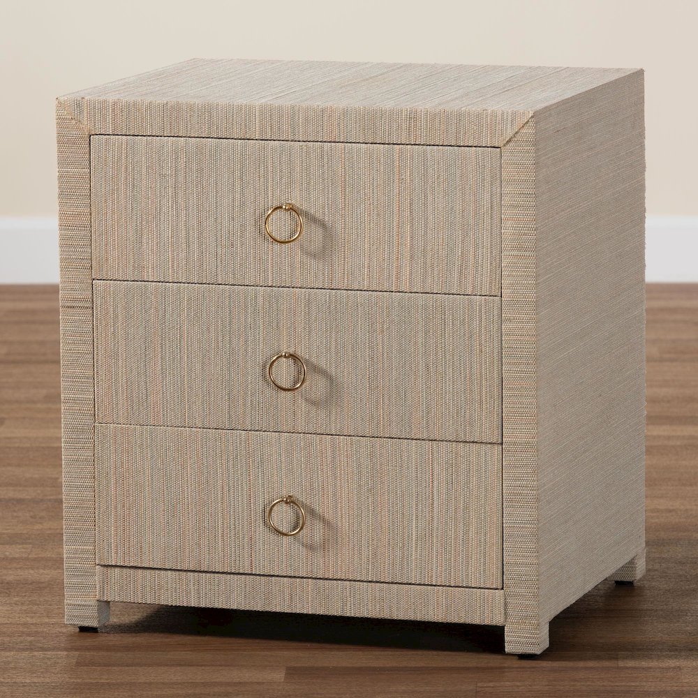 bali & pari Quinn Bohemian Woven Natural Grasscloth 3-Drawer Nightstand
