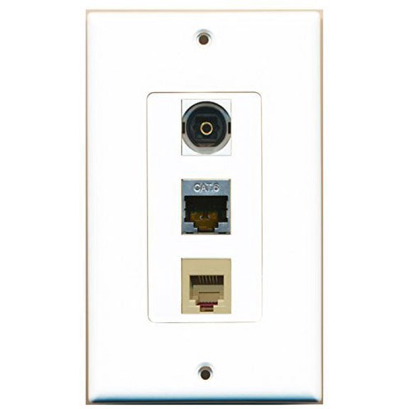 RiteAV - 1 Port Phone RJ11 RJ12 Beige and 1 Port Shielded Cat6 Ethernet and 1 Port Toslink Decorative Wall Plate Decorative