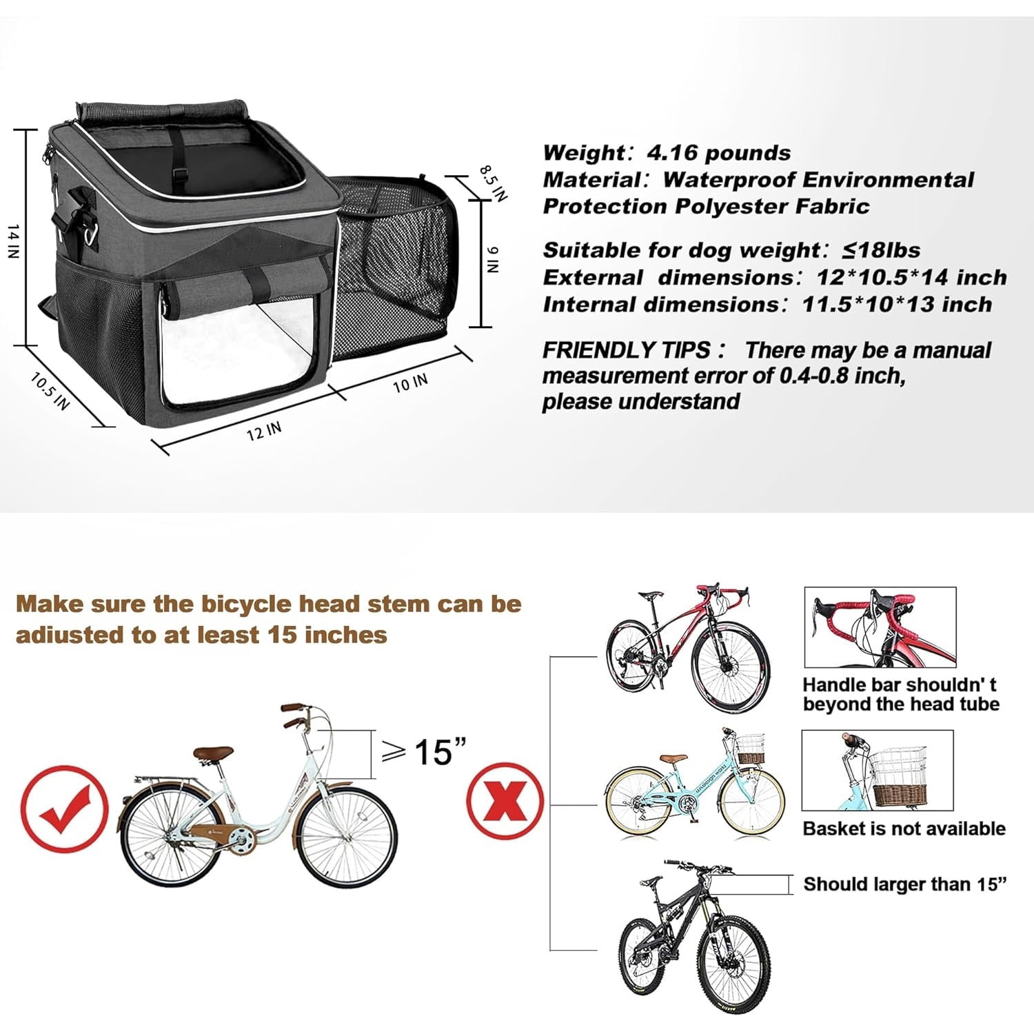 Dog Bike Basket Carrier, Expandable Foldable Soft-Sided Dog Carrier, 2 Open Doors, 5 Reflective Tapes, Pet Travel Bag,Dog Backpack Carrier  and Easy for Small Medium Cats and Dogs(Black)