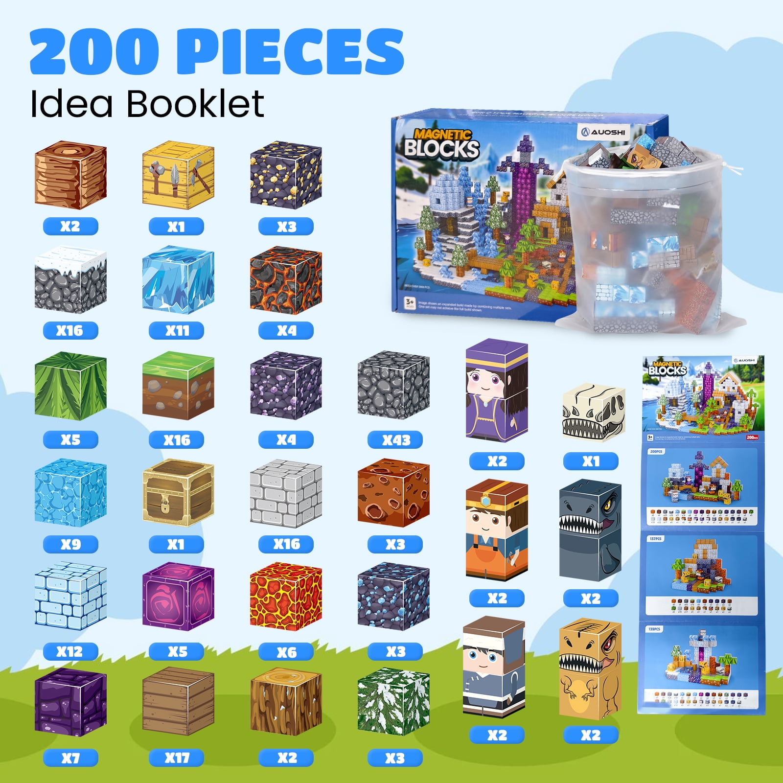 AUOSHI 200 PCS Magnetic Tiles & Building Blocks,ABS Magnetic Cubes, Strong Magnet STEM Educational Learning Toys,Creative Construction Play Set with Storage Bag for Toddlers Kids Boys Girls 3+