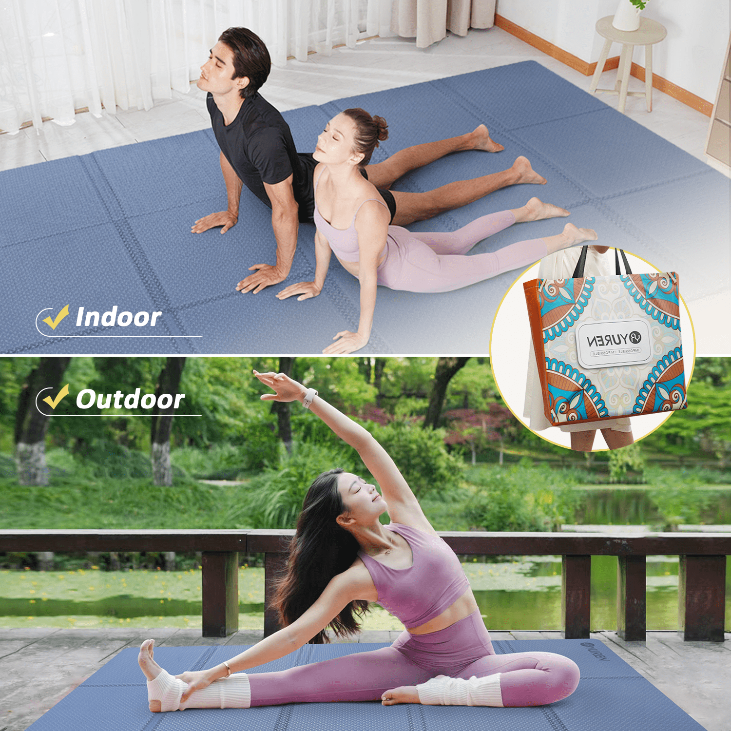 YR Foldable Yoga Mat Large 78X51" 10mm Thick Non-Slip TPE Folding Exercise Fitness Gymnastics Mat, Blue