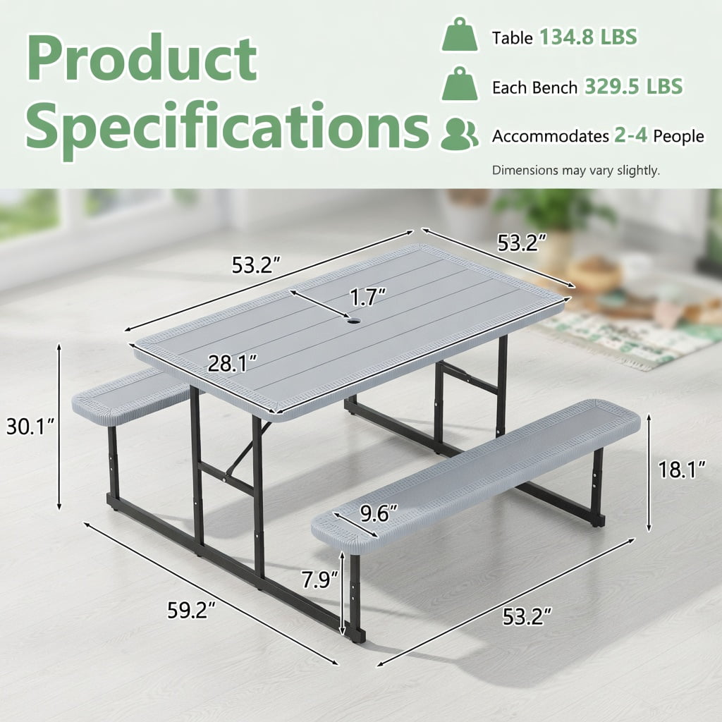 Hommoo Outdoor Picnic Table and Bench Set for 2-4 People, Rectangular HDPE Dining Table with Metal Frame, Weather-Resistant, Gray