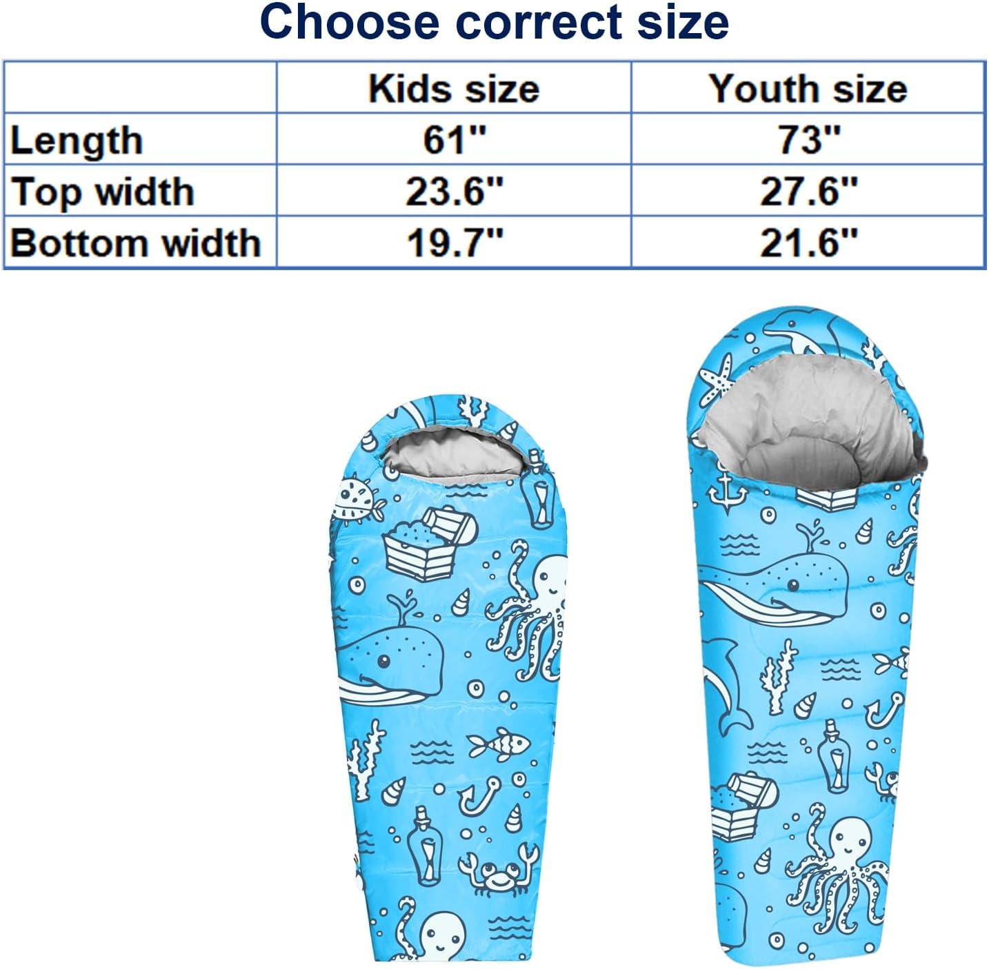 KidzAdventure 32-59F Youth and Kids Sleeping Bag | Indoor/Outdoor Boys and Girls Sleeping Bag | Mummy Style, Lightweight Sleeping Bag for Kids - Ocean World Youth