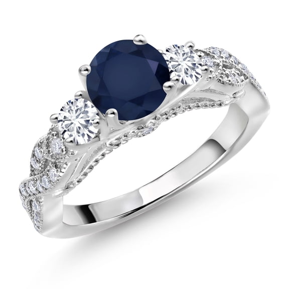Gem Stone King 925 Sterling Silver Blue Sapphire White Lab Grown Diamond and White Moissanite Engagement Ring for Women (1.57 Cttw, Gemstone September Birthstone, Round 6MM and 3MM, Size 5)