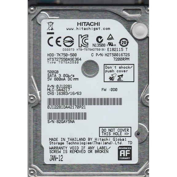 HTS727550A9E364, PN 0J12281, MLC DA4217, Hitachi 500GB SATA 2.5 Hard Drive