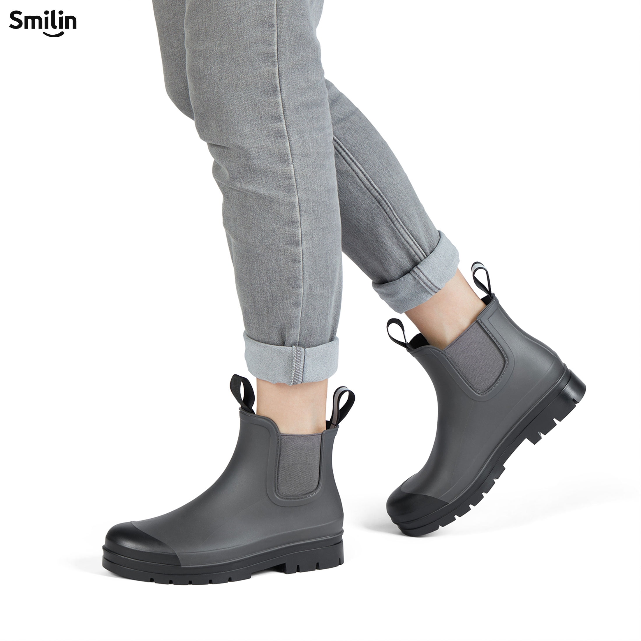 SMILIN Short Ankle Rain Boots for Women, Chelsea Waterproof Anti Slip Garden Shoes with Insole, Gray, Size 7