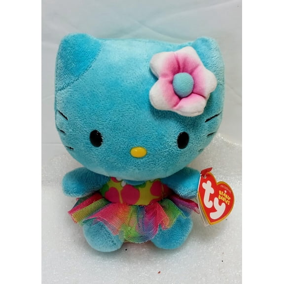 TY Beanie Baby Sanrio - HELLO KITTY BLUE Hawaiian Bathing Suit With Flower (6" Plush) (BONUS 1 FUN CHOPS & 1 ZIPPER BRACELET)