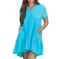 thumbnail image 2 of Fartey Cotton Linen Mini Dresses for Women Plus Size Summer Short Sleeve V Neck Dress with Pockets Loose Casual Solid Color Beach Vacation Sundress Sky Blue XL, 2 of 8