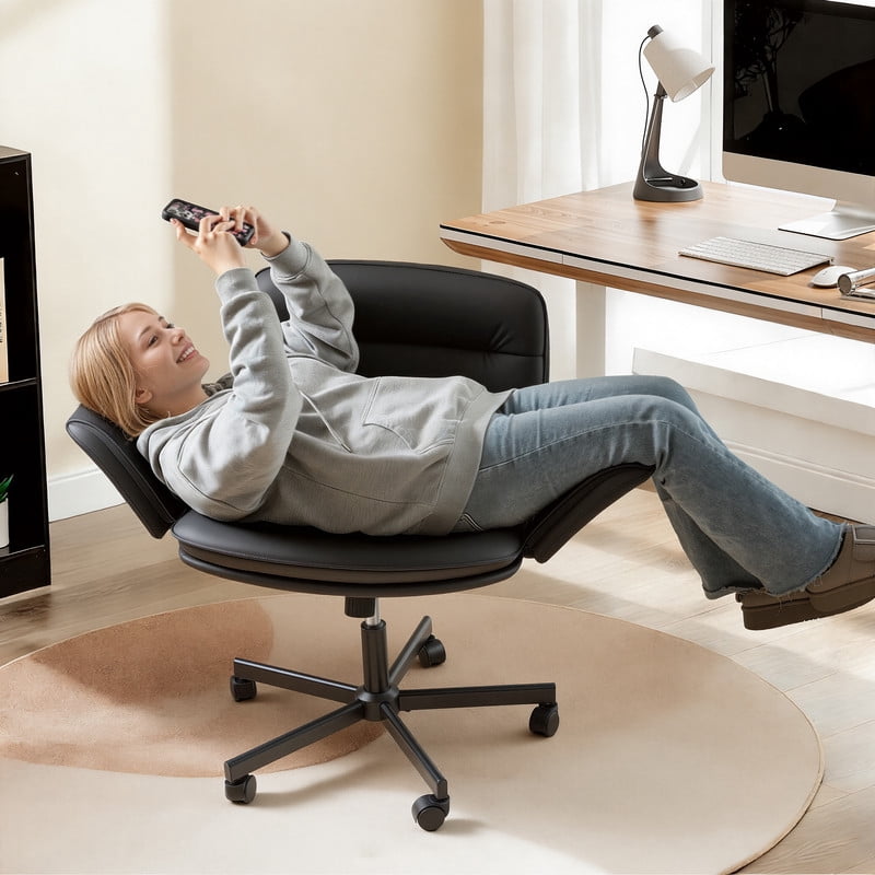 Homall Cross Legged Chair with Armrests and Wheels, PU Leather Vanity Chair, Adjustable Swivel Computer Office Chairs for Home Office, Make Up, Black