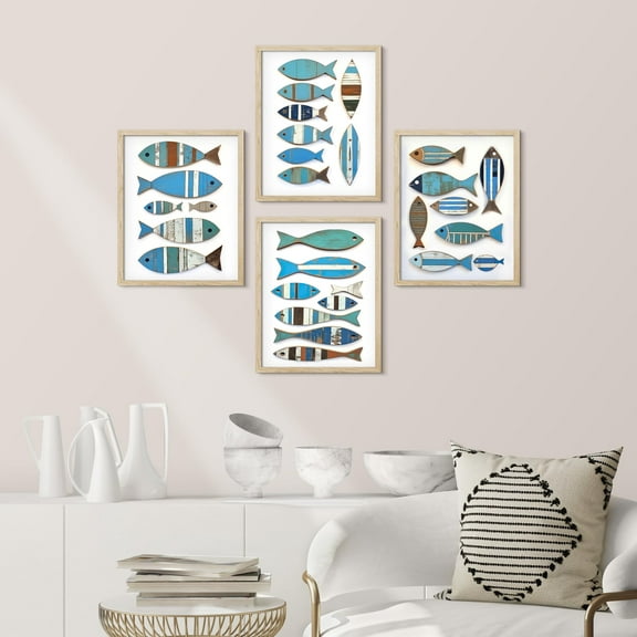 PixonSign Framed Wall Art Coastal Charm Wooden Fish Illustrations Posters, Set of 4 Rustic Nautical Fine Art Multicolor Boho Canvas Prints for Bedroom, Living Room, Office - 11"x14" Natural