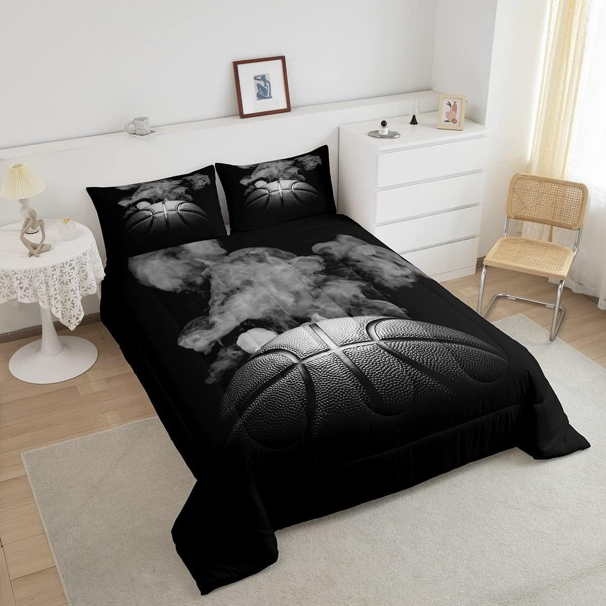 Basketball Comforter Set Teen Full Size Sports Basketball Bedding Set Basketball Room Decor Reversible Black Down Comforter Grey Hippie Smoke Quilt Duvet Insert 2 Pillow Case