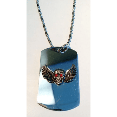 Wings Dog Tag (Skull Winged RED Crystal Eyes Pewter Emblem Logo Symbols - Military Dog Tag Luggage Tag Key Chain Metal Chain)