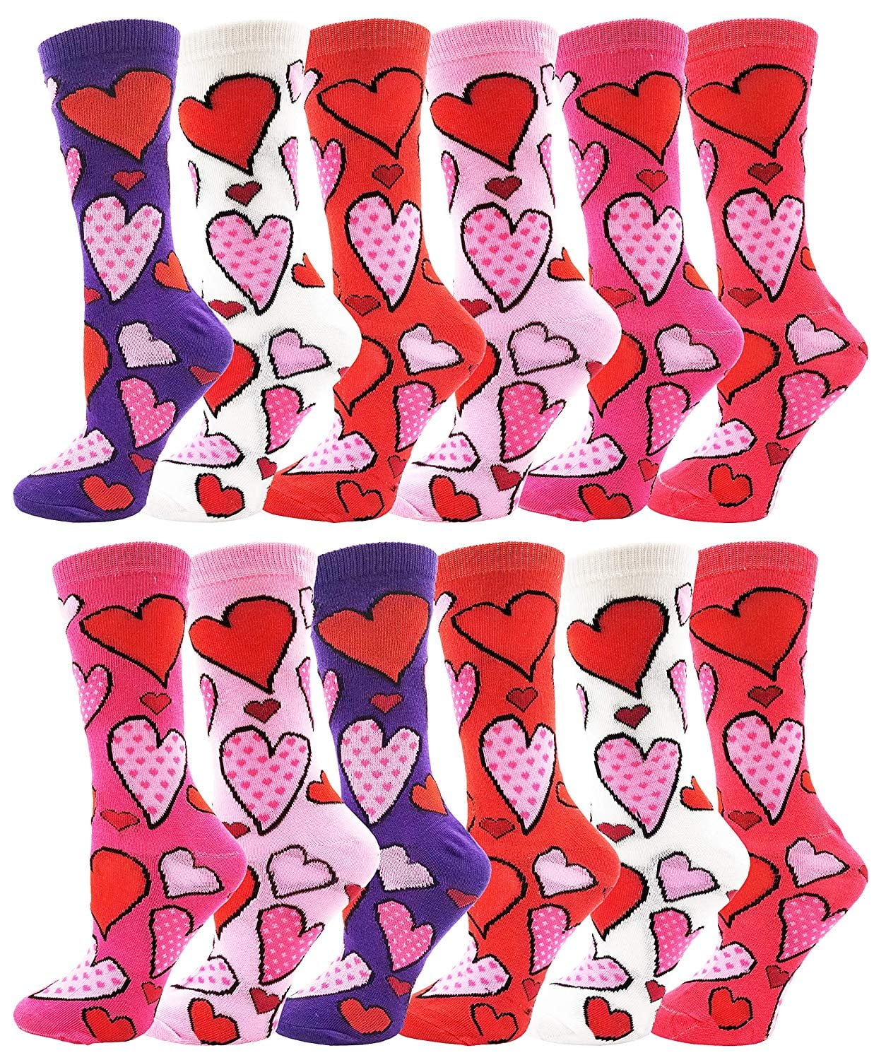 Heart Print Crew Socks for Women, 12 Pairs Valentines Day Pink Love