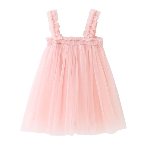 CPNG Girls Tulle Vest Dress Solid Color Sleeveless Square Neck Dress Temperament Cute Elegant Casual Puffy Skirt Dress(Pink,3-4 Years)