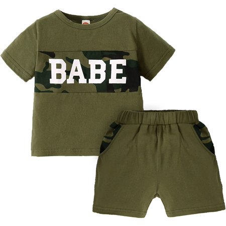 

ZOELNIC Toddler Infant Baby Boy Summer Outfits Short Sleeve BABE T-Shirt Top Short Pants 2Pcs Clothes Set Army Green18-24 Months