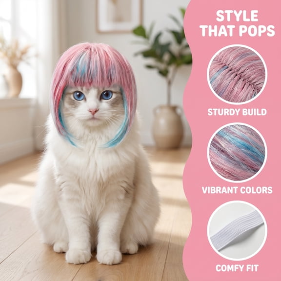 Cat Wig, Pet Wig for Dogs & Cats Adjustable Fit, Mixed Blue & Pink Wigs for Cat Halloween Cosplay Party