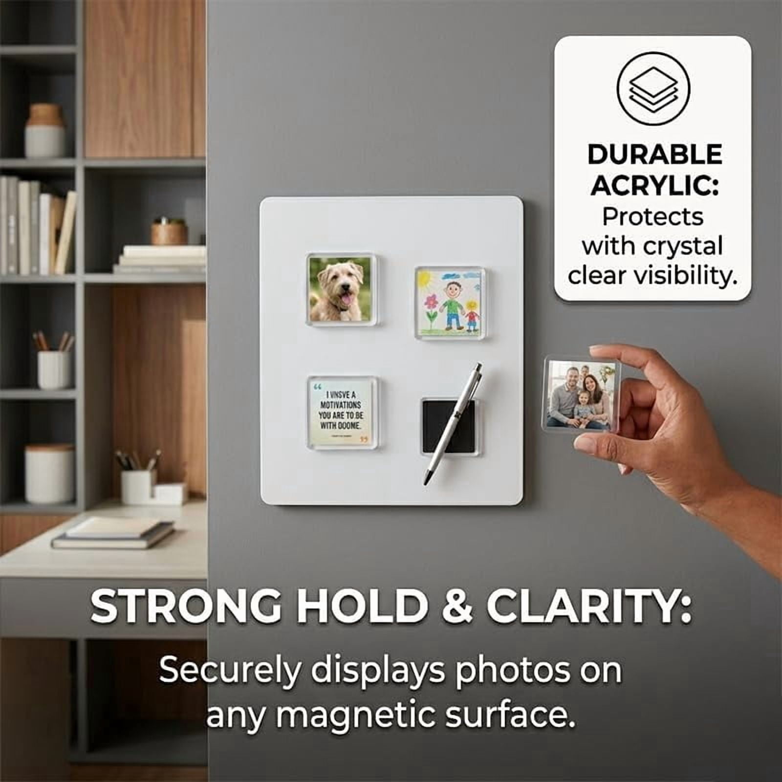 DIY Acrylic Fridge Magnets Kit with Adhesive Backing - Clear Fridge Magnets for Crafts - Strong Magnetic Sheets for Refrigerator, Classroom & Office, Custom Photo Magnets Set (10 Pack, 2” x 2”)