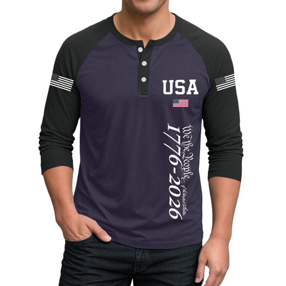 Dwelliawo Men's We The People Patriotic Henley Shirt, 3/4 Sleeve Raglan Baseball Tee, USA 1776-2026 250th Anniversary American Flag Casual T-Shirt Blue S