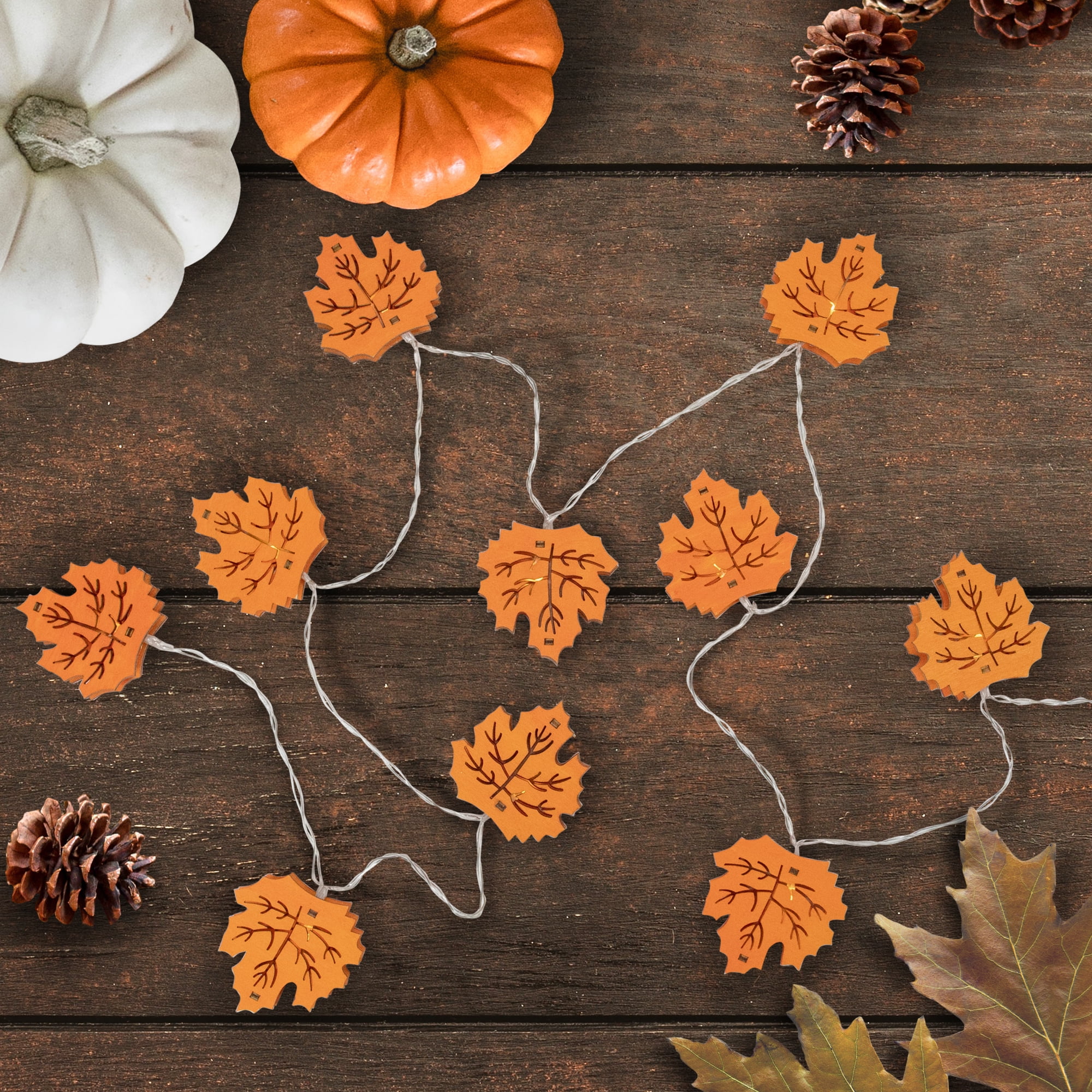 10-Count Warm White LED Thanksgiving Wooden Leaves Fairy Lights 5.5' Copper Wire