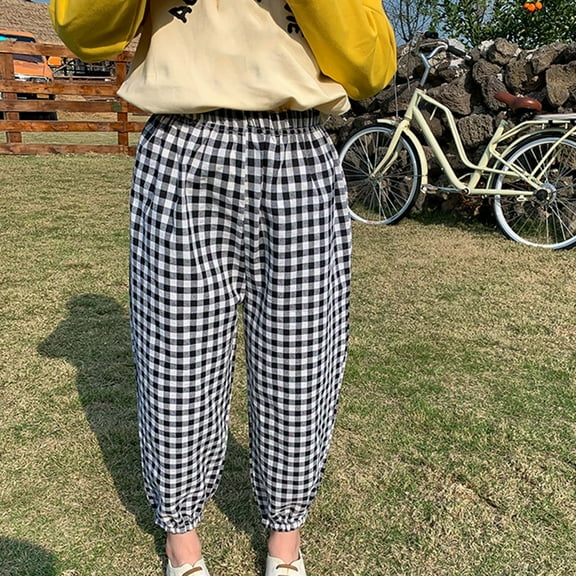 gljltg Toddler Girls Sweatpants Kids Casual Athletic Pull-On Cotton Linen Jogger Pants for Boys Girls Fashion Cute Lattice Sweet Elasticity Flared Pants Trousers Pants