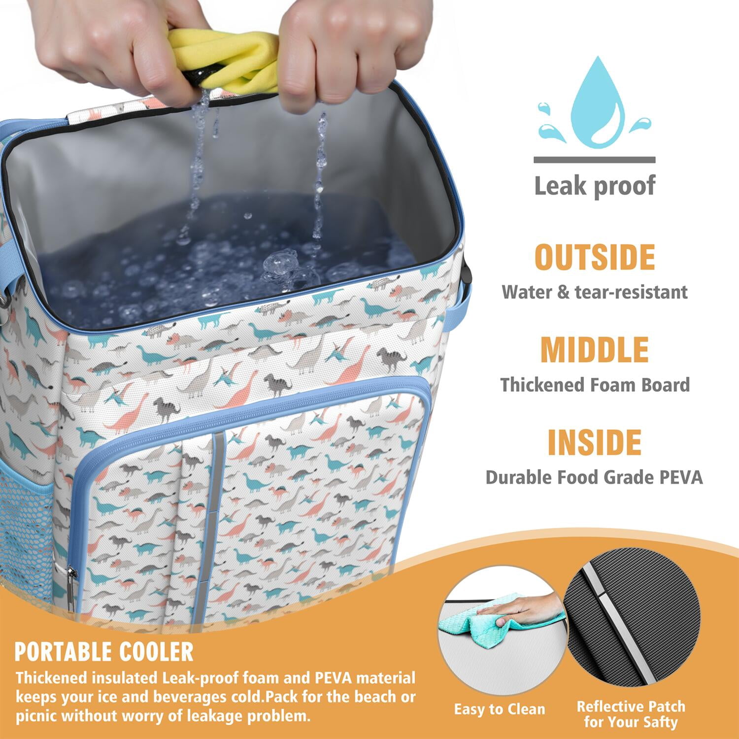 Travel Cooler Bag - White Cartoon Dinosaurs Colorful Pattern Camping Beer Cooler Backpack with Bottle Opener- Waterproof Insulated Picnic Backpacks - Cooler Bag for Beach