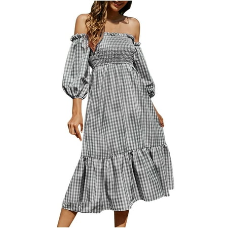 

Wedding Guest Dresses for Women Black Dress Women s Boho Flowy Cottagecore Puff Sleeve Off The Shoulder Summer Leisure Plaid Ruffle Midi Long Dress Dresses for Women Bridesmaid Dresses Gray L