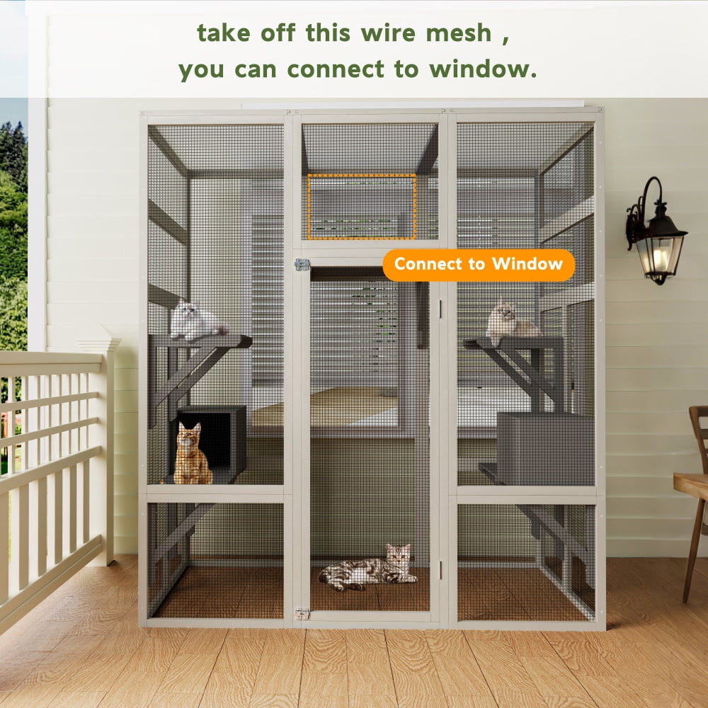 62.6" Outdoor Wooden Cat House Large Catio, Solid Wood Cat Cage Shelter Enclosure Playpen with Anti-UV& Waterproof, 5 Platforms and 2 Resting Boxes