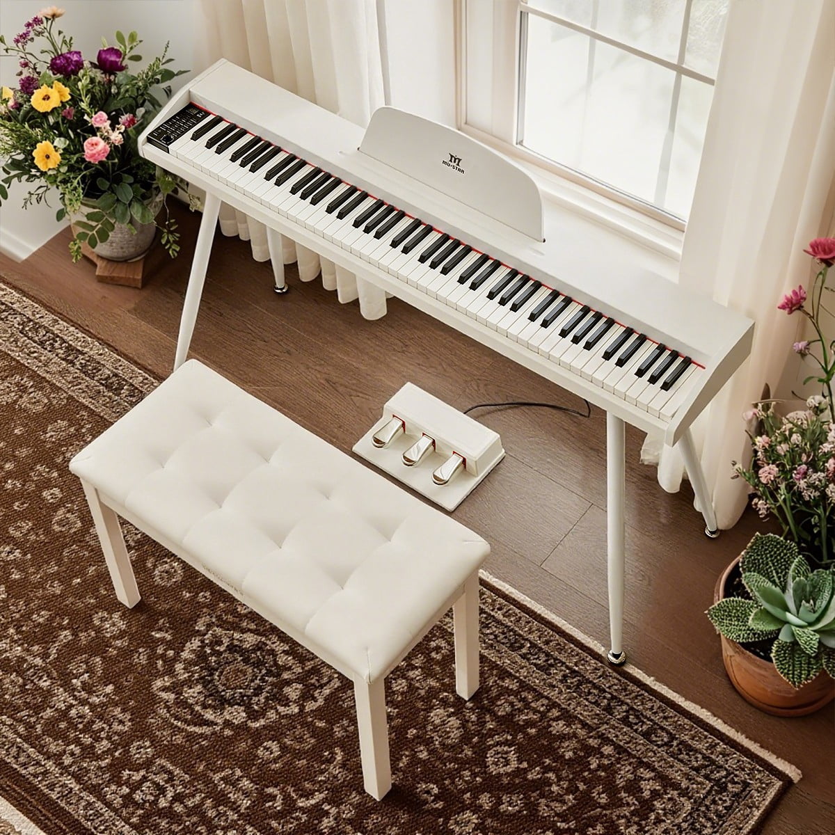 Mustar 88 Key Portable Electric Digital Keyboard Piano Semi Weighted with Storage Stool, 3 Pedals, Built-In Speakers, USB/MIDI, White