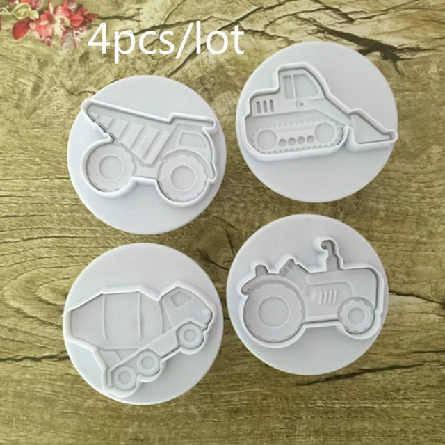 Gwong hogar 4pcs/set Tema de vehículos camiones pastelas de pastel de plástico cortadores de caramelo moldes de dulces Gwong 91996
