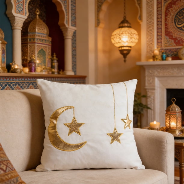 Funda de almohada de terciopelo con estrellas doradas y media luna Funda de almohada de poliéster