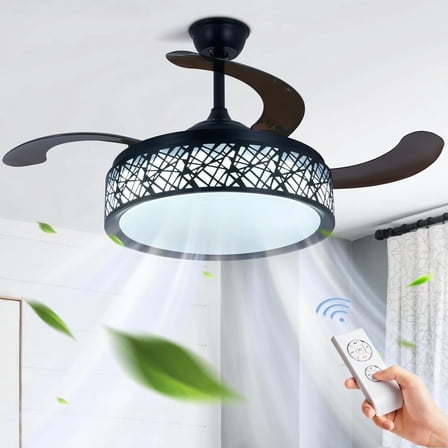 42" Black Bird-Cage Ceiling Fan Chandelier Retractable Blade Fan with Lights and Remote Modern LED Fandelier for Bedroom Living Room,3 Lighting Color Setting 3 Fan Speed Quiet