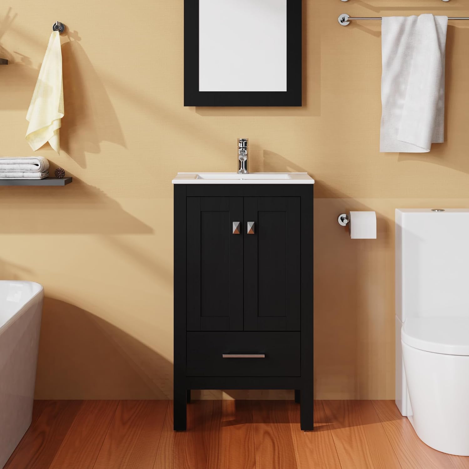Goodyo 20 inch Bathroom Vanity Sink Combo, Black Bathroom Cabinet with White Sink Top, Black Water-Grain Ripple Pattern