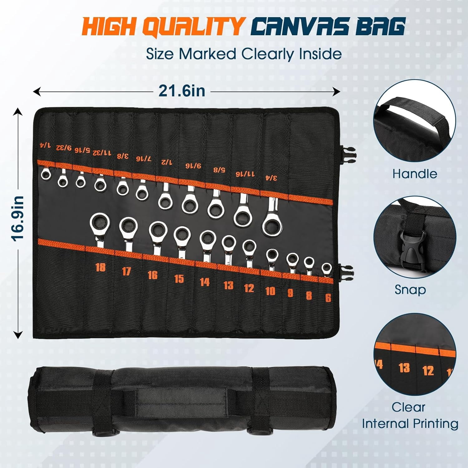 22-piece Ratcheting Combination Wrench Set, 72 Teeth Ratchet Wrench, Metric 6-18mm & SAE 1/4-3/4", Cr-V Constructed, with Organization Canvas Bag