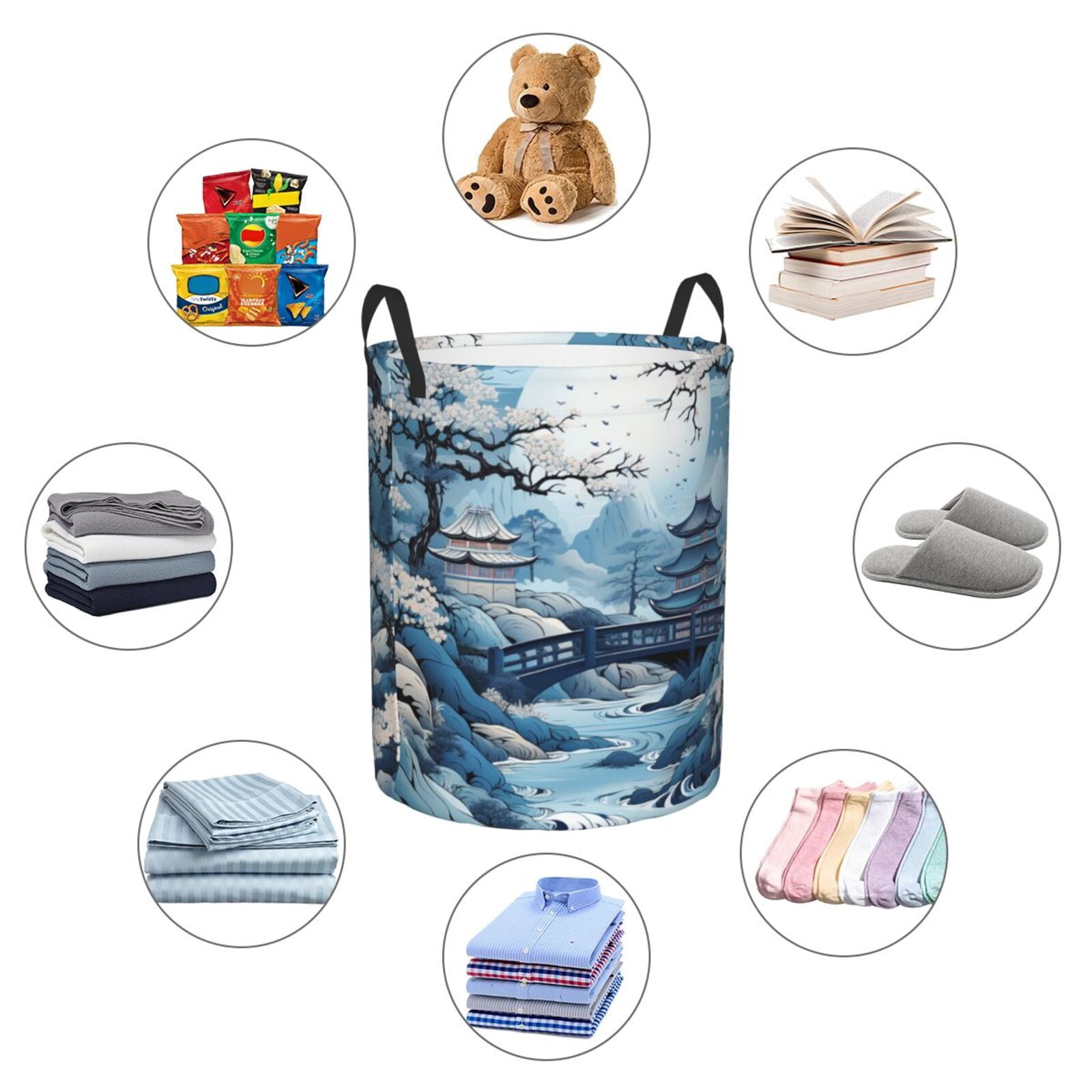 Chinese Style Powder Chinoiserie Toile Blue Foldable Laundry Hamper with Handle Storage Basket for Clothes Toys & Organizing