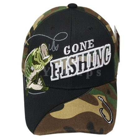 Gone Fishing Bass Outdoors Hat Black Green Camouflage Camp Baseball Cap ...